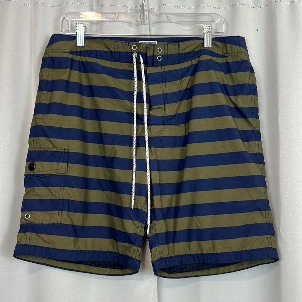 J. CREW Men W34 Long Board Shorts Swim Trunk Stripe‎ Cargo Drawstring Velcro Tie